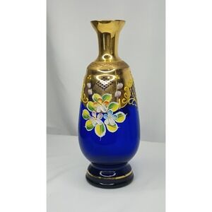 Vintage Czech Bohemian Cobalt Blue & Gold Enamel Vase
